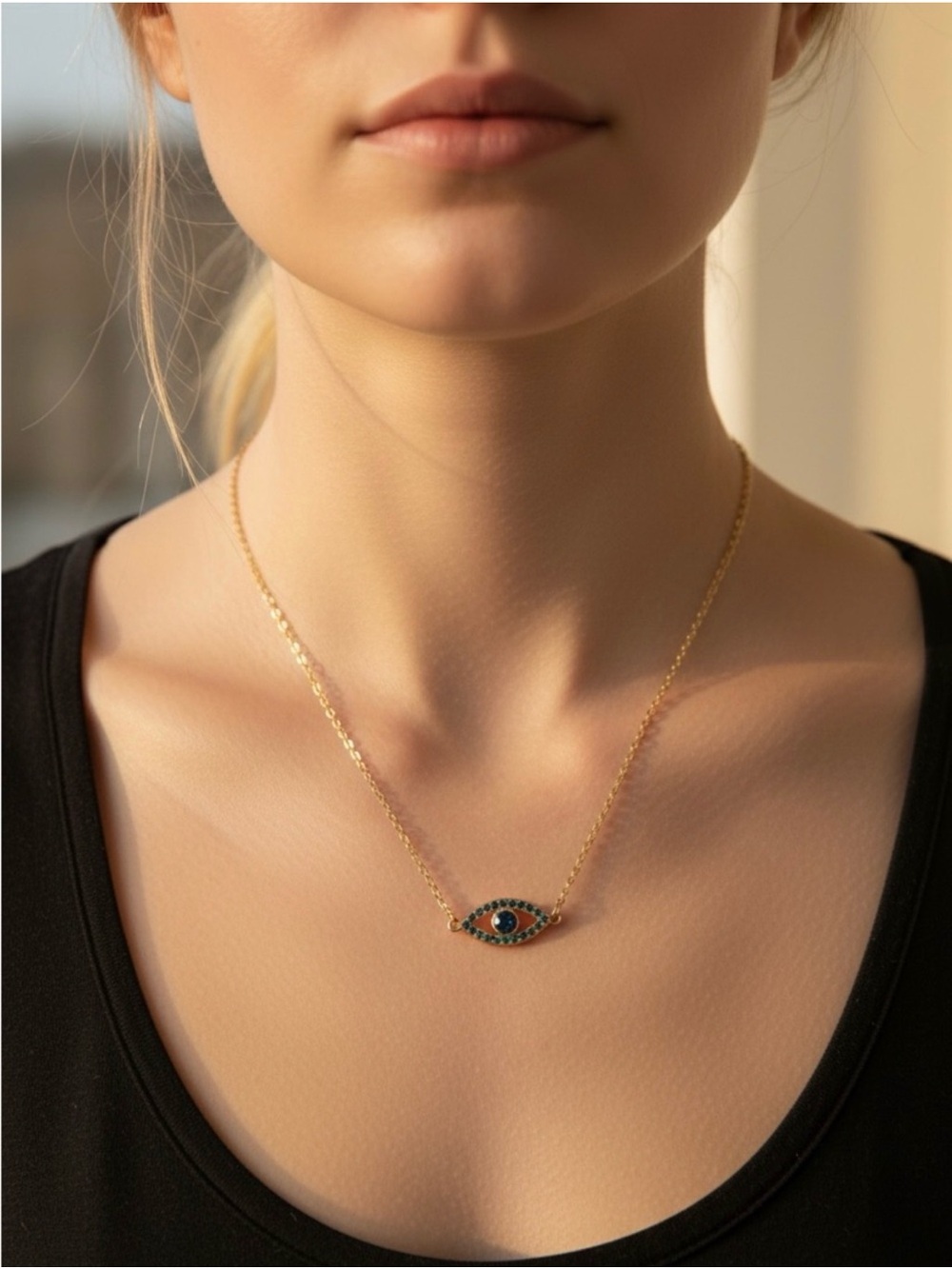 🧿Gold-Tone Evil Eye with Blue Crystal Accents Pendant Necklace/NIP🧿